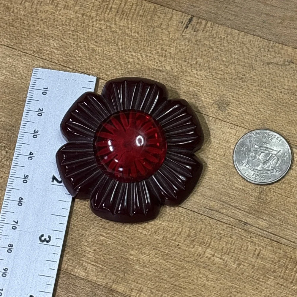 Rare 1930s Art Deco Bakelite Brooch Reverse Carved Lucite Dome Cherry Flower
